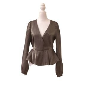 Peach Women's Green Metallic Peplum Blouse Long Sleeve Size Medium